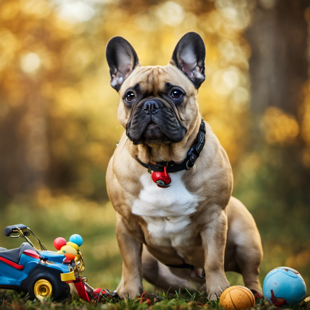 An image of a French Bulldog outdoors, surrounded by various elements such as toys, a leash, and a timer, highlighting factors to consider when determining exercise needs