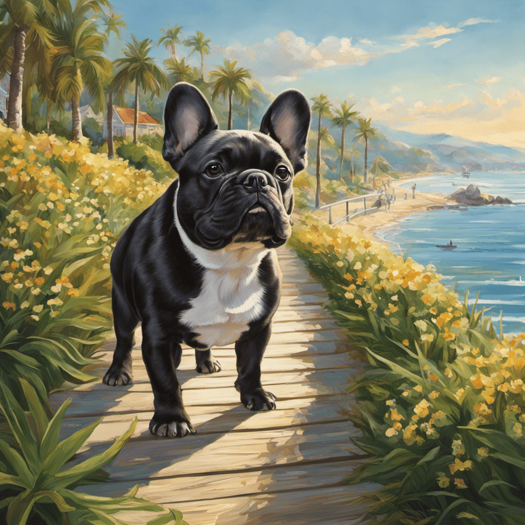 An image capturing a content French Bulldog engaging in a leisurely morning walk on a picturesque coastal boardwalk, basking in the gentle morning sunlight, surrounded by lush greenery and a serene ocean view