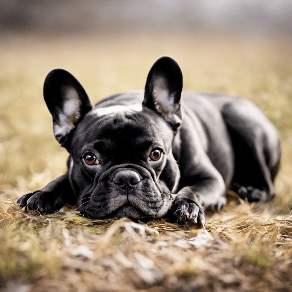 An image that depicts a tired French Bulldog panting heavily, with droopy ears and a flushed face, lying on its side, displaying signs of overexertion