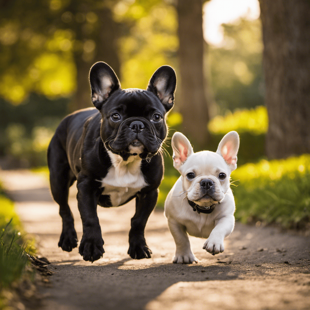 An image showcasing a playful French Bulldog puppy energetically chasing a ball in a park, contrasting with a mature French Bulldog contently strolling alongside its owner on a serene walking path