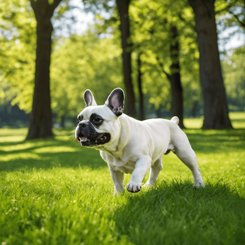 An image showcasing a content French Bulldog, with a lively expression, engaged in a playful game of fetch at a spacious park, surrounded by vibrant green grass and tall trees