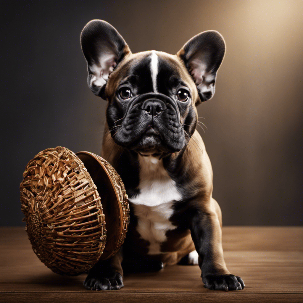 An image of a French Bulldog puppy interacting with unfamiliar objects and people, showcasing a calm and confident demeanor