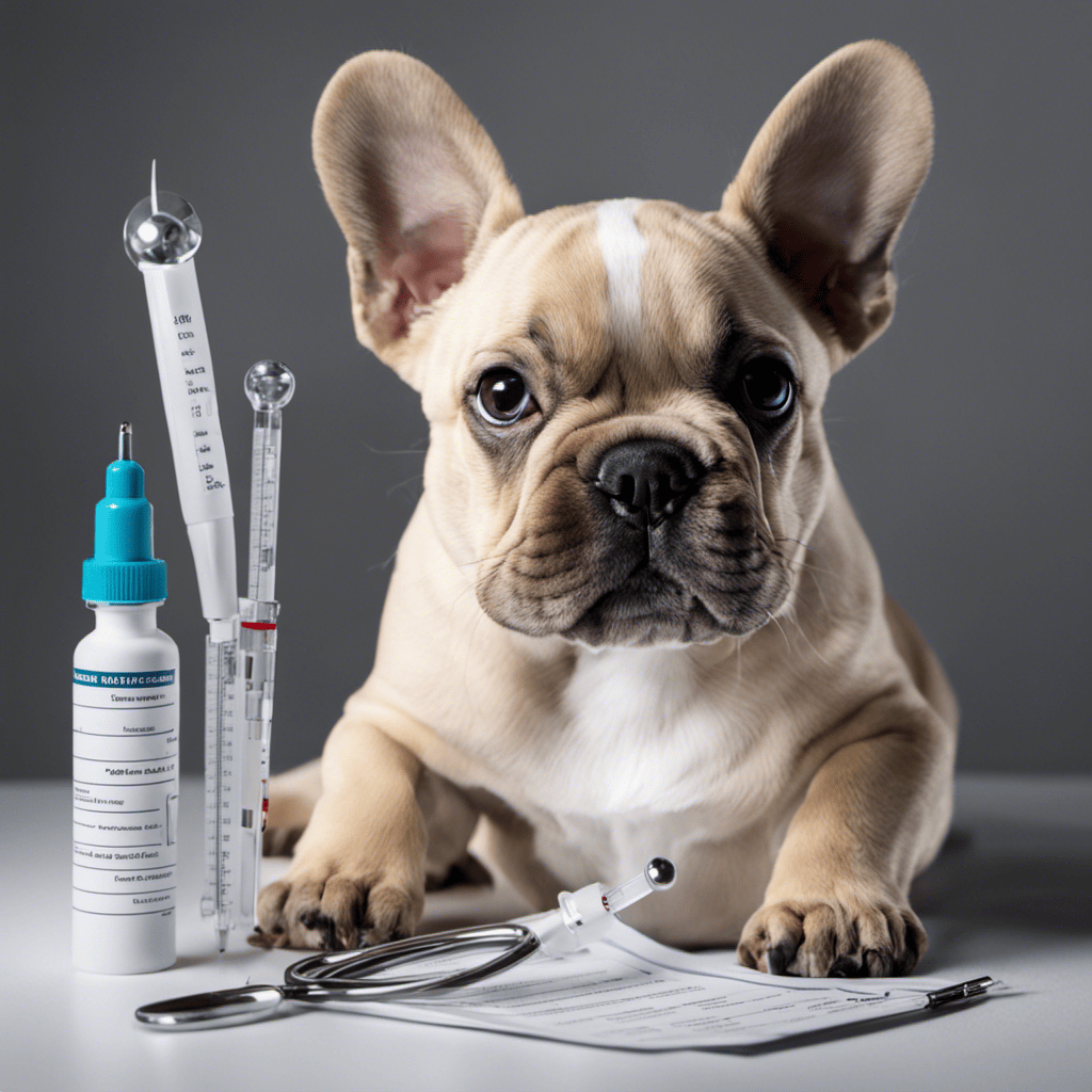 An image featuring a close-up of a French Bulldog puppy's vaccination record, highlighting clear and up-to-date details