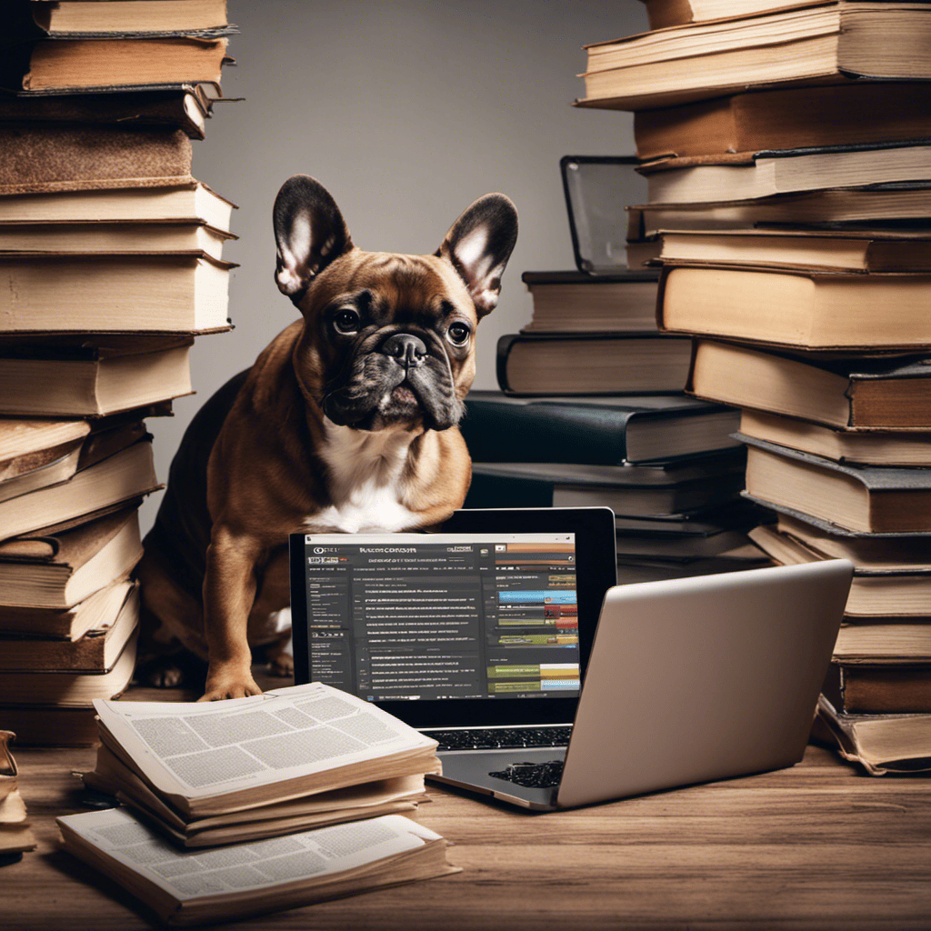 An image showcasing a person using a laptop, surrounded by stacks of books and papers, diligently researching French Bulldog breeders