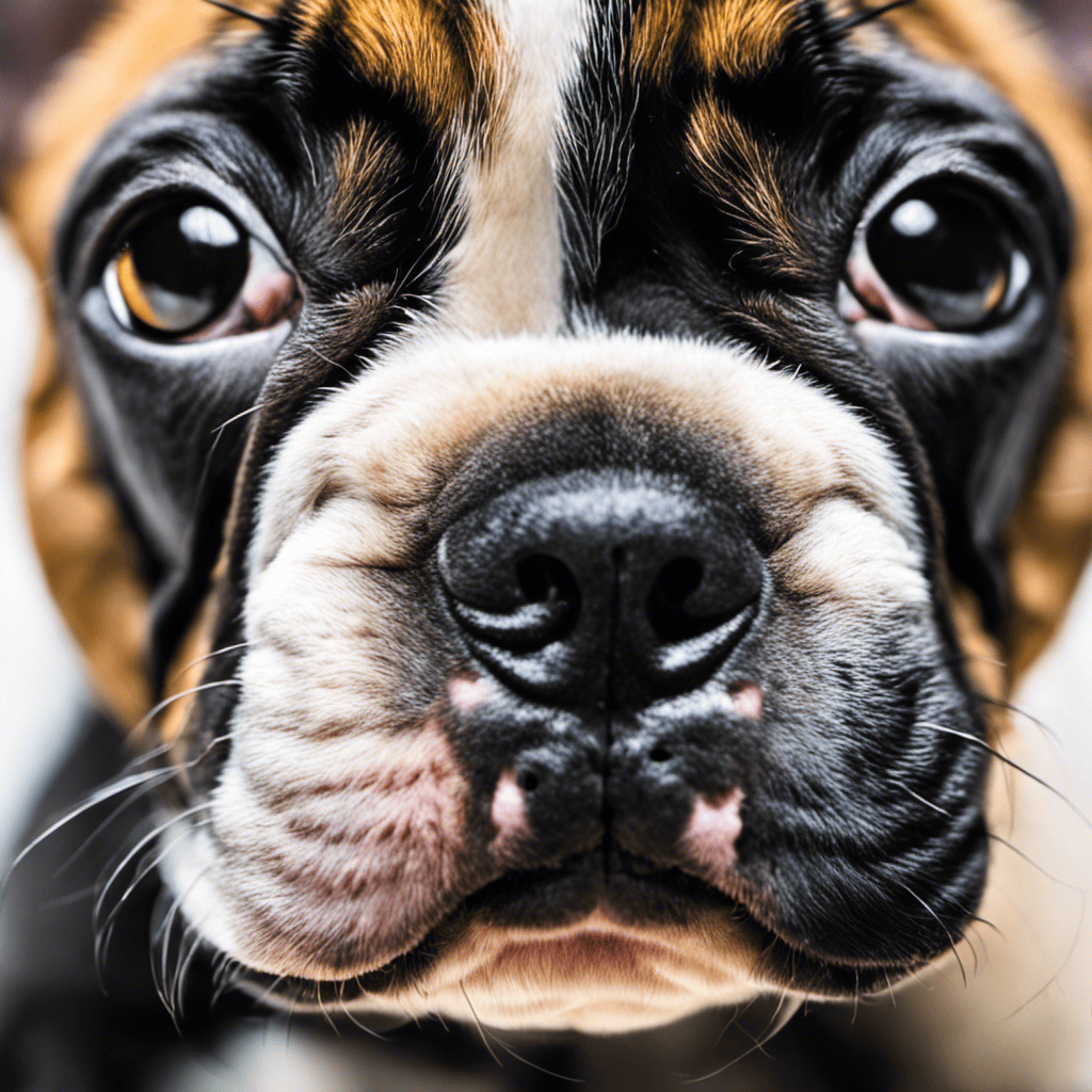 An image showcasing a close-up of a French Bulldog puppy's nose and eyes, with a clear focus on their symmetry, smooth skin, and vibrant color