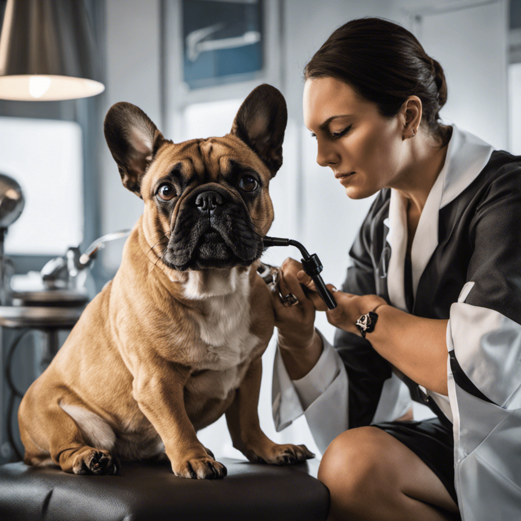 An image showcasing a veterinarian examining a French Bulldog's ear using an otoscope, while the dog sits patiently