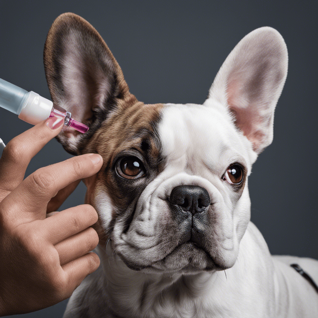 An image showcasing a French Bulldog's ear being gently treated with medicated ear drops, highlighting the process of administering the treatment to effectively combat and alleviate ear infections