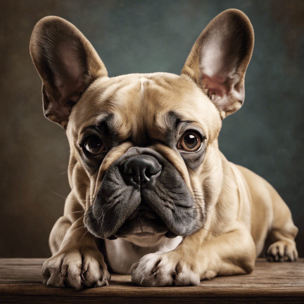 An image of a French Bulldog with a concerned expression, tilting its head to the side, as a person gently cleans its ear with a cotton pad soaked in a natural solution