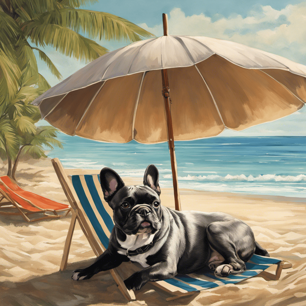 An image of a French Bulldog lounging in the shade under a large umbrella at the beach, with cool ocean waves gently lapping in the background