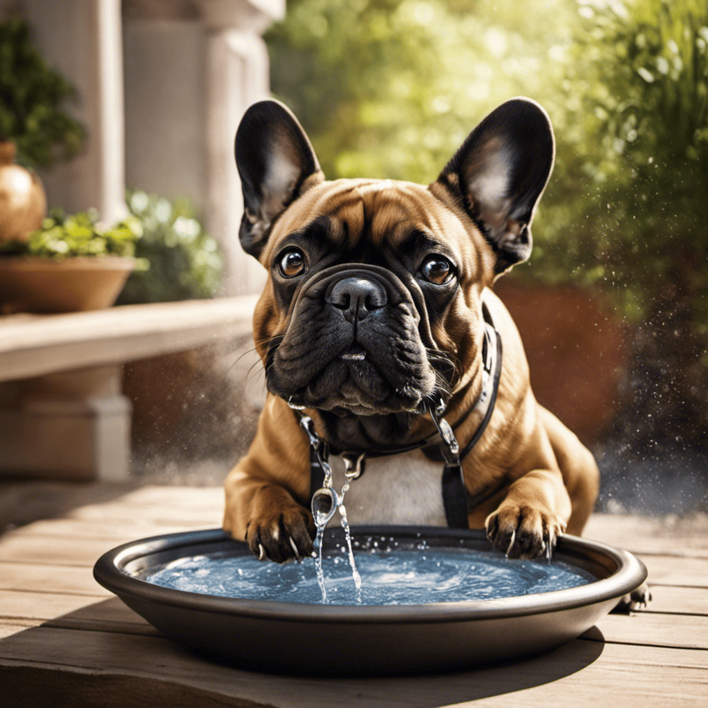 An image that showcases a French Bulldog happily lapping up water from a chilled bowl placed on a shaded patio, with droplets glistening in the sunlight, emphasizing the importance of hydration during hot weather