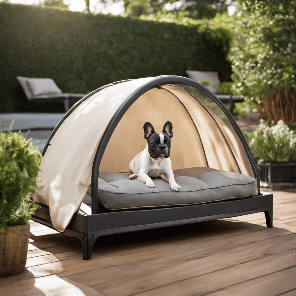 An image of a cozy outdoor space for your French Bulldog, featuring a spacious shaded area with a mesh canopy