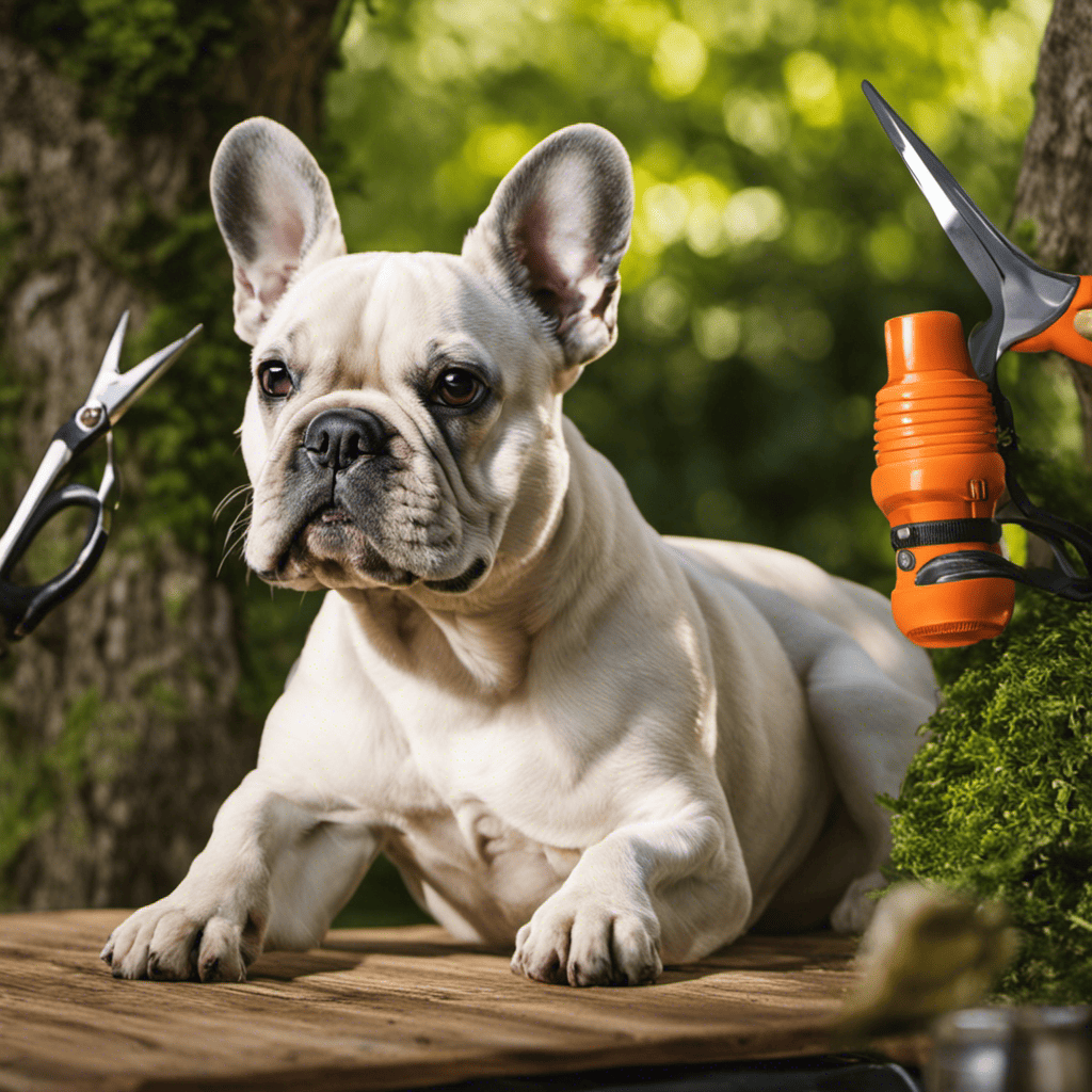 An image showcasing a content French Bulldog receiving a thorough grooming session under a shady tree, with a skilled groomer carefully trimming their coat, removing excess fur to ensure optimal heat management during hot weather