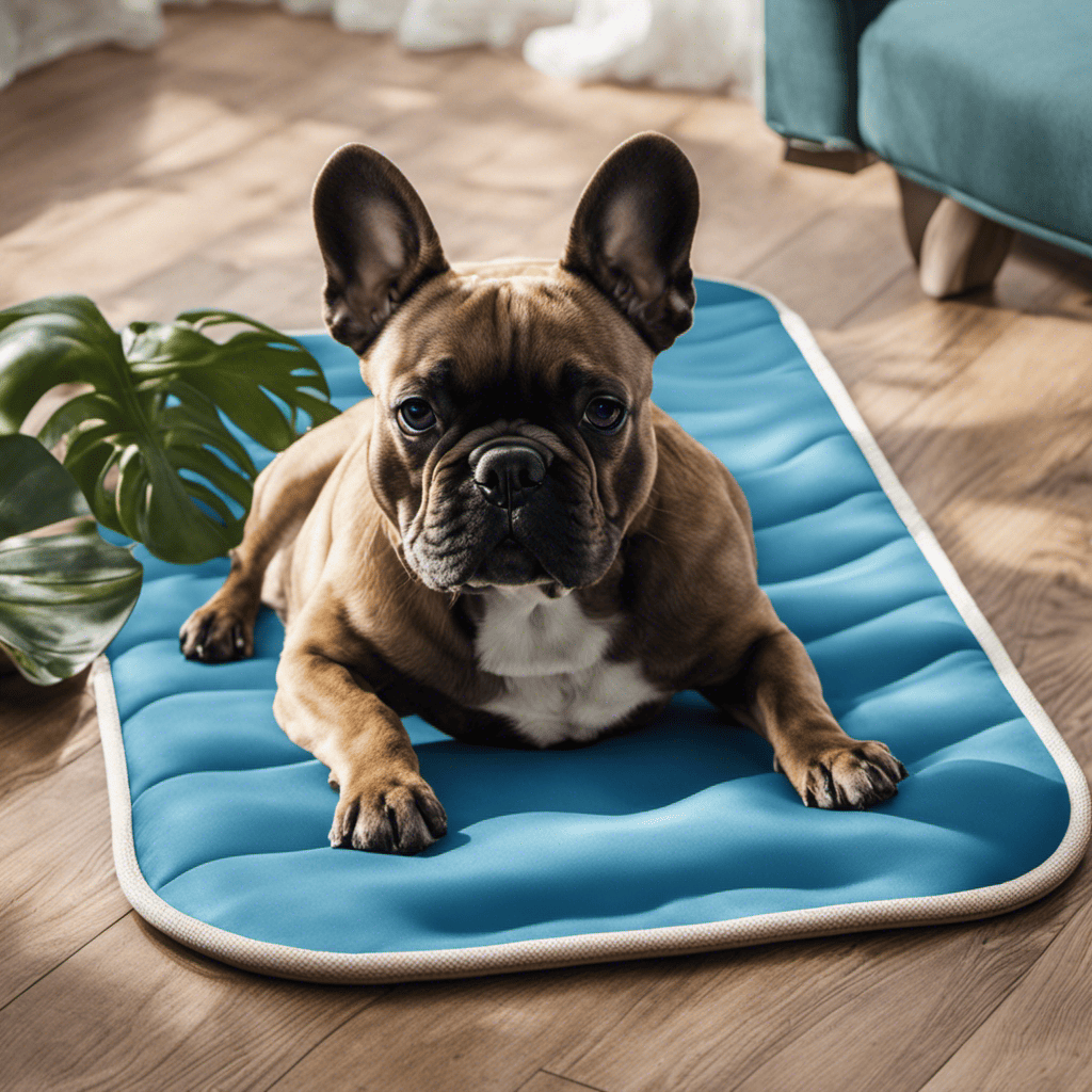 An image showcasing a content French Bulldog lying on a cooling mat, with a sleek, portable fan blowing a gentle breeze towards it