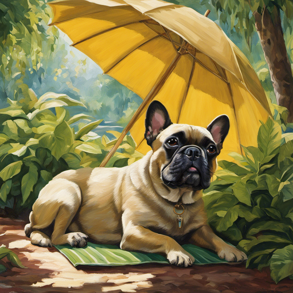 An image depicting a French Bulldog lounging in the shade under a large umbrella, with a cooling mat beside them, surrounded by lush greenery and a gentle breeze providing relief from the sweltering heat