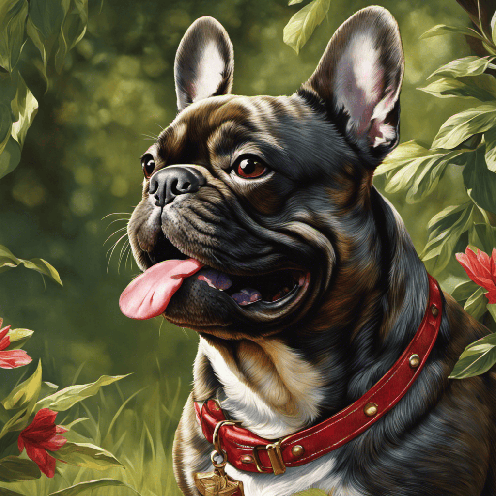 An image capturing a panting French Bulldog with a bright red tongue, droopy eyes, and lethargic posture, seeking shade under a tree on a scorching summer day