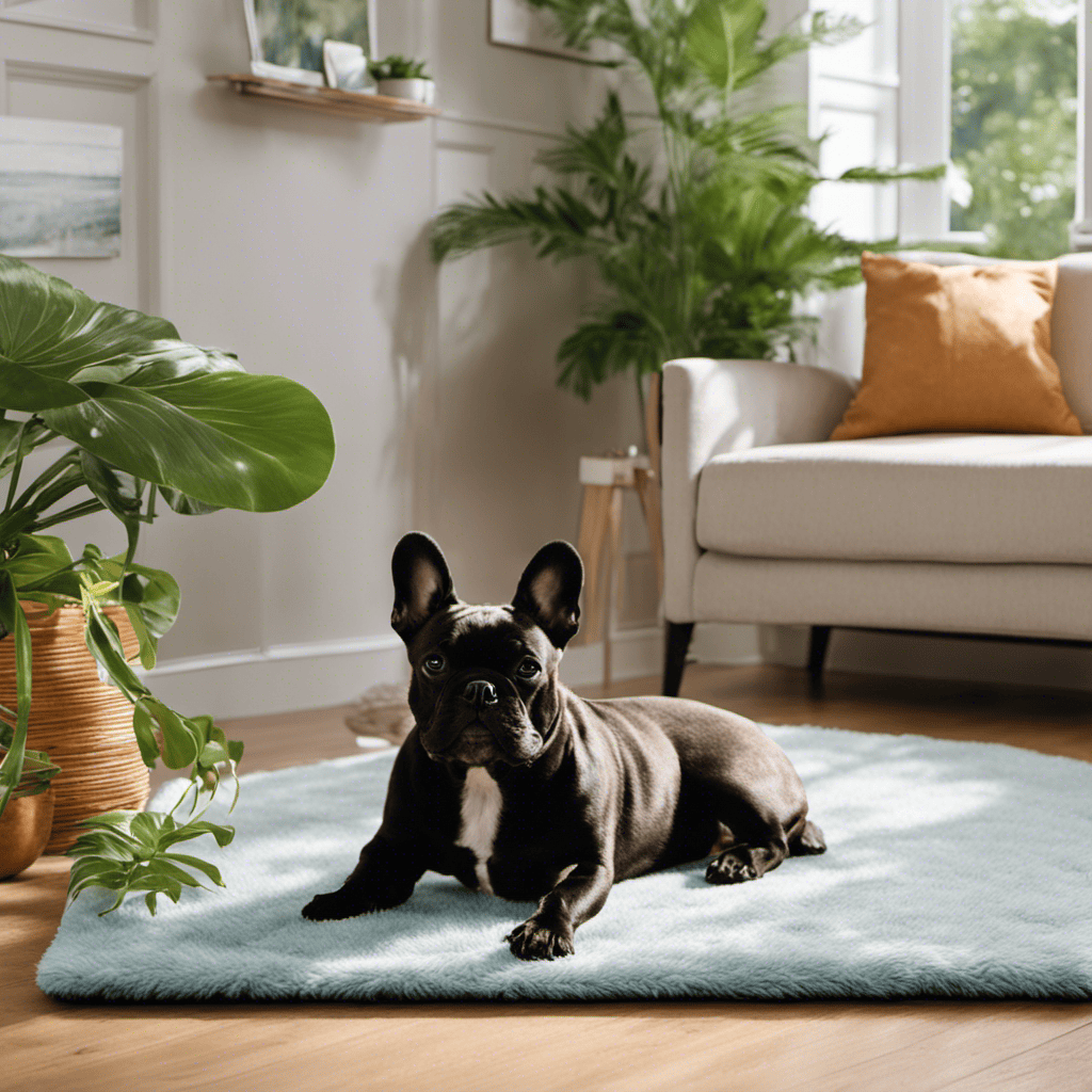 An image showcasing a spacious air-conditioned living room with a French Bulldog lounging on a plush cooling mat near a gentle fan, surrounded by potted plants and a refreshing water bowl