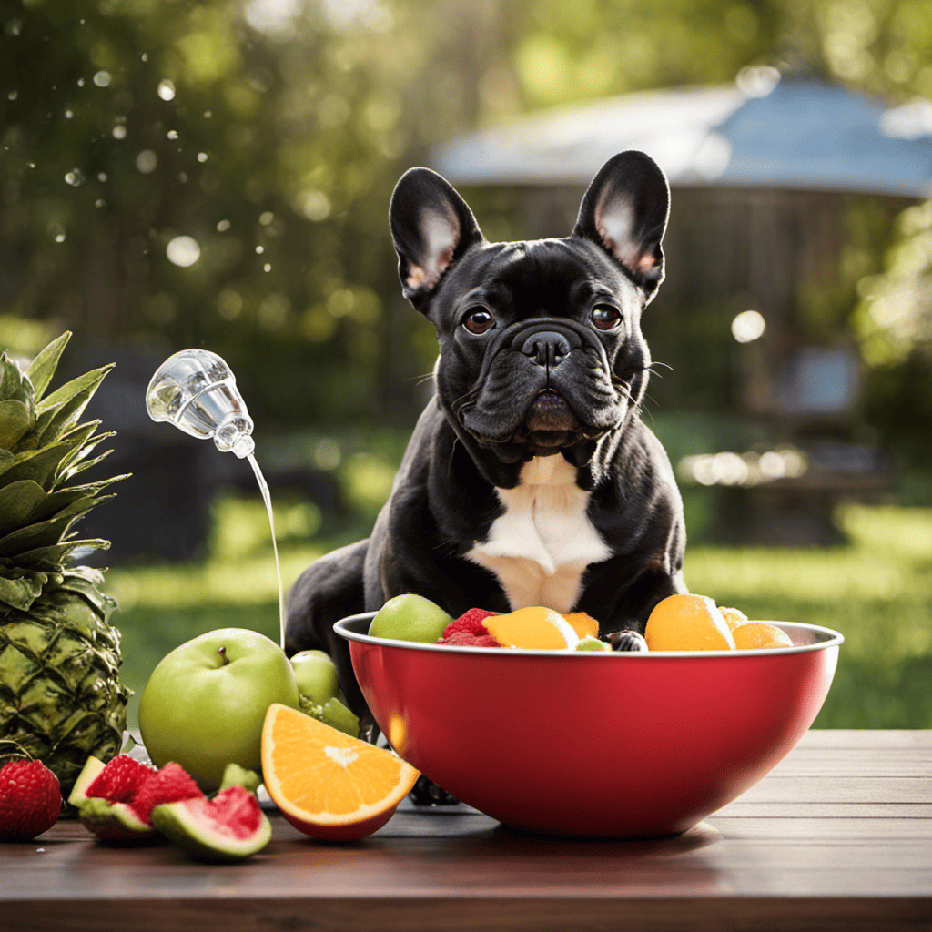 An image showcasing a content French Bulldog lounging on a shaded patio, savoring a frozen fruit-filled ice cube in a raised stainless steel bowl, while a portable misting fan gently cools the air around