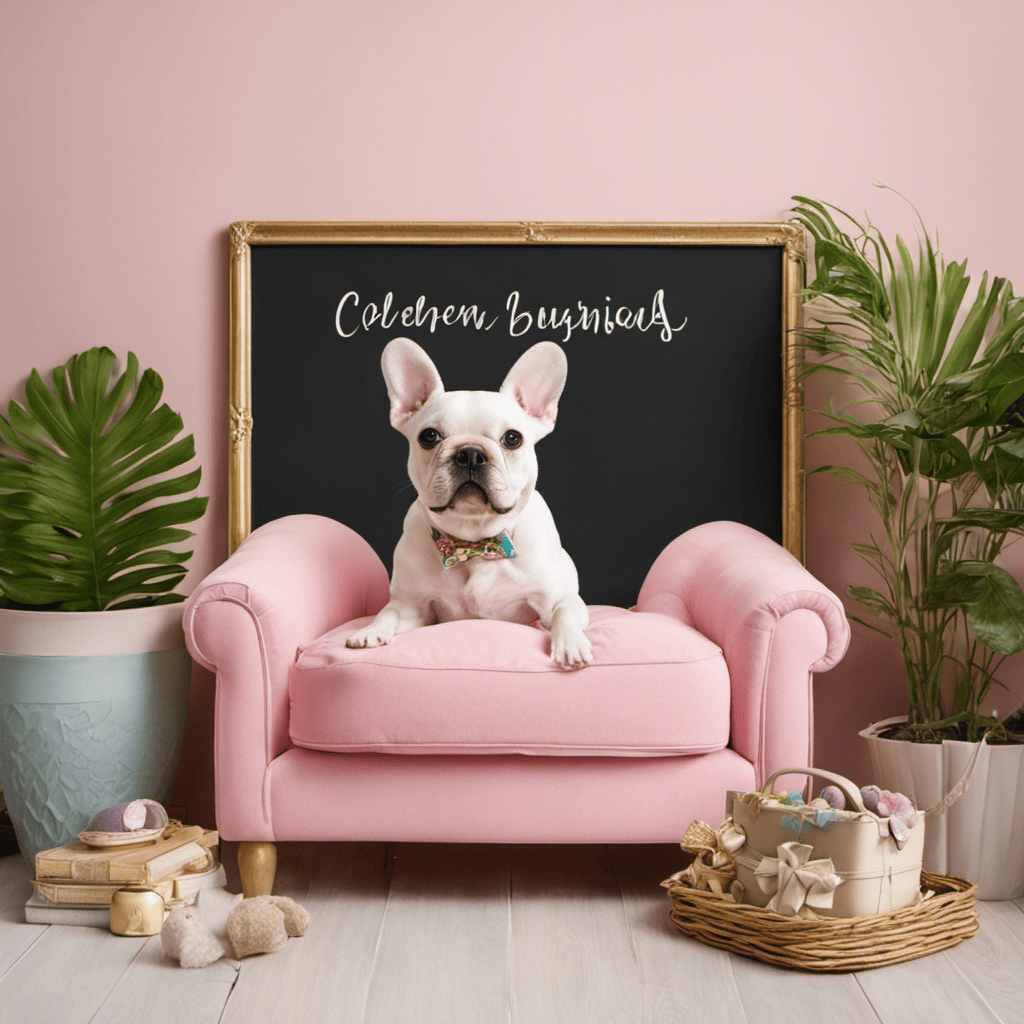 An image showcasing a whimsical, pastel-colored room with a cozy dog bed adorned with a golden name tag