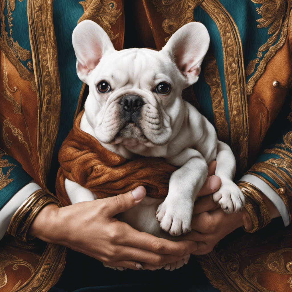 An image showcasing a person's hands gently cradling a French Bulldog's body, supporting its chest and hindquarters