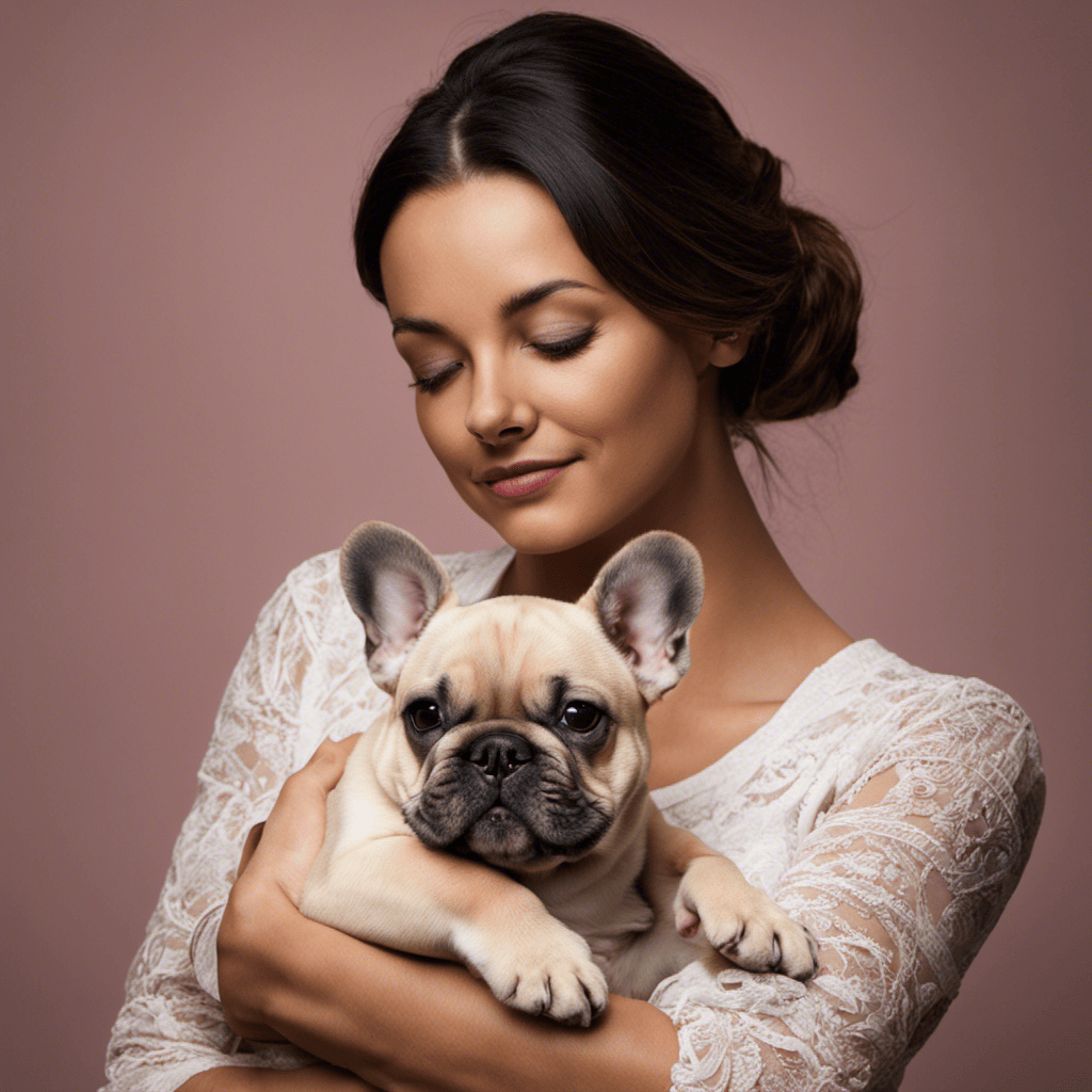 An image showcasing a person gently cradling a relaxed French Bulldog in their arms, using proper support and avoiding common mistakes like gripping too tightly or mishandling their delicate body structure