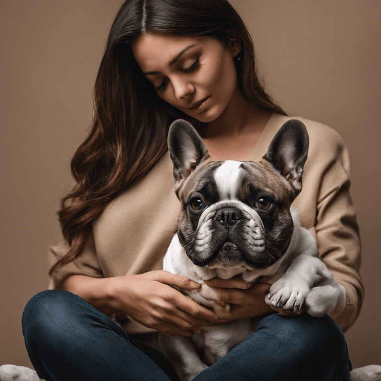 Hand gently picks up a small, fawn-colored French Bulldog puppy.