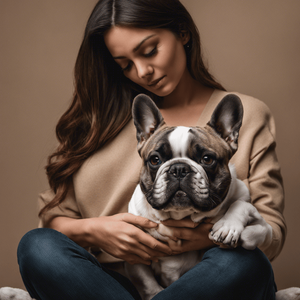 An image capturing a person sitting on the floor with their French Bulldog in their lap, gently cradling its body with one hand while the other hand strokes its head, showcasing the bond of trust and connection