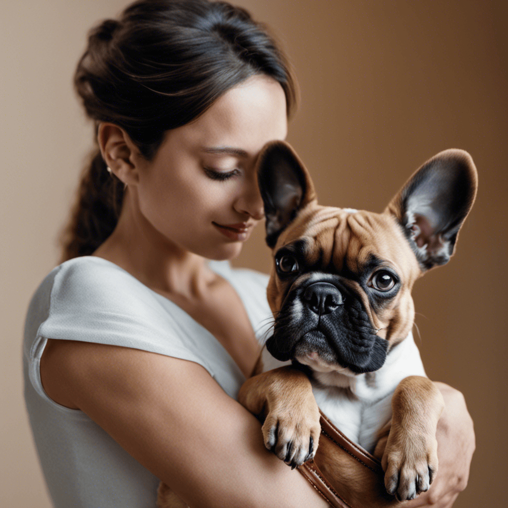 An image of a calm, confident person holding a nervous French Bulldog