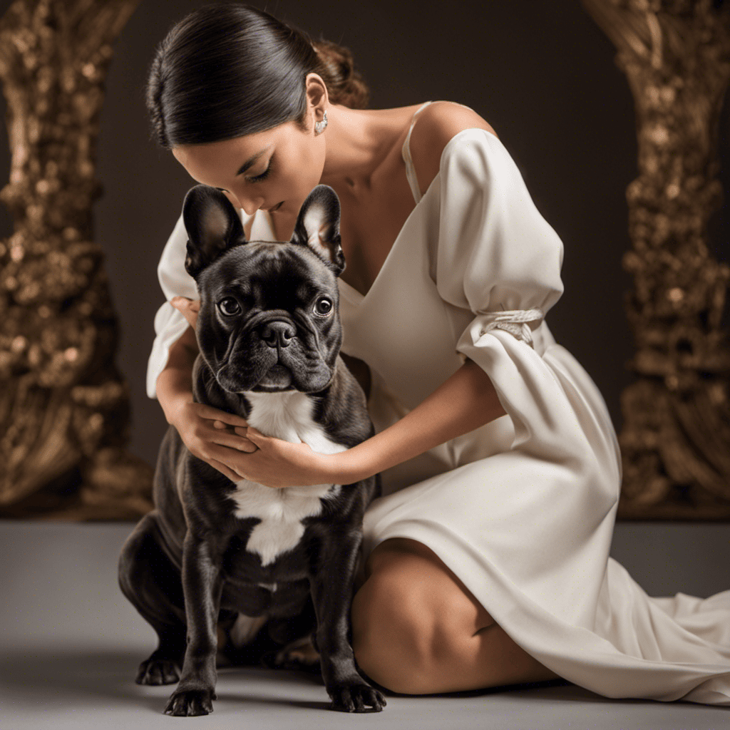 An image that showcases a person kneeling on a soft surface, gently cradling a French Bulldog in their arms