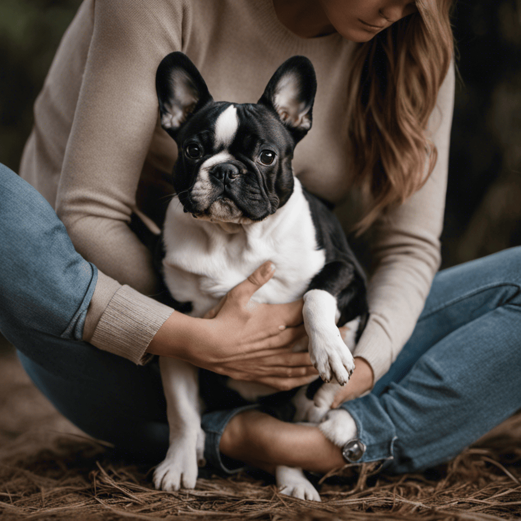 An image that showcases a person squatting down, gently cradling a French Bulldog in their arms