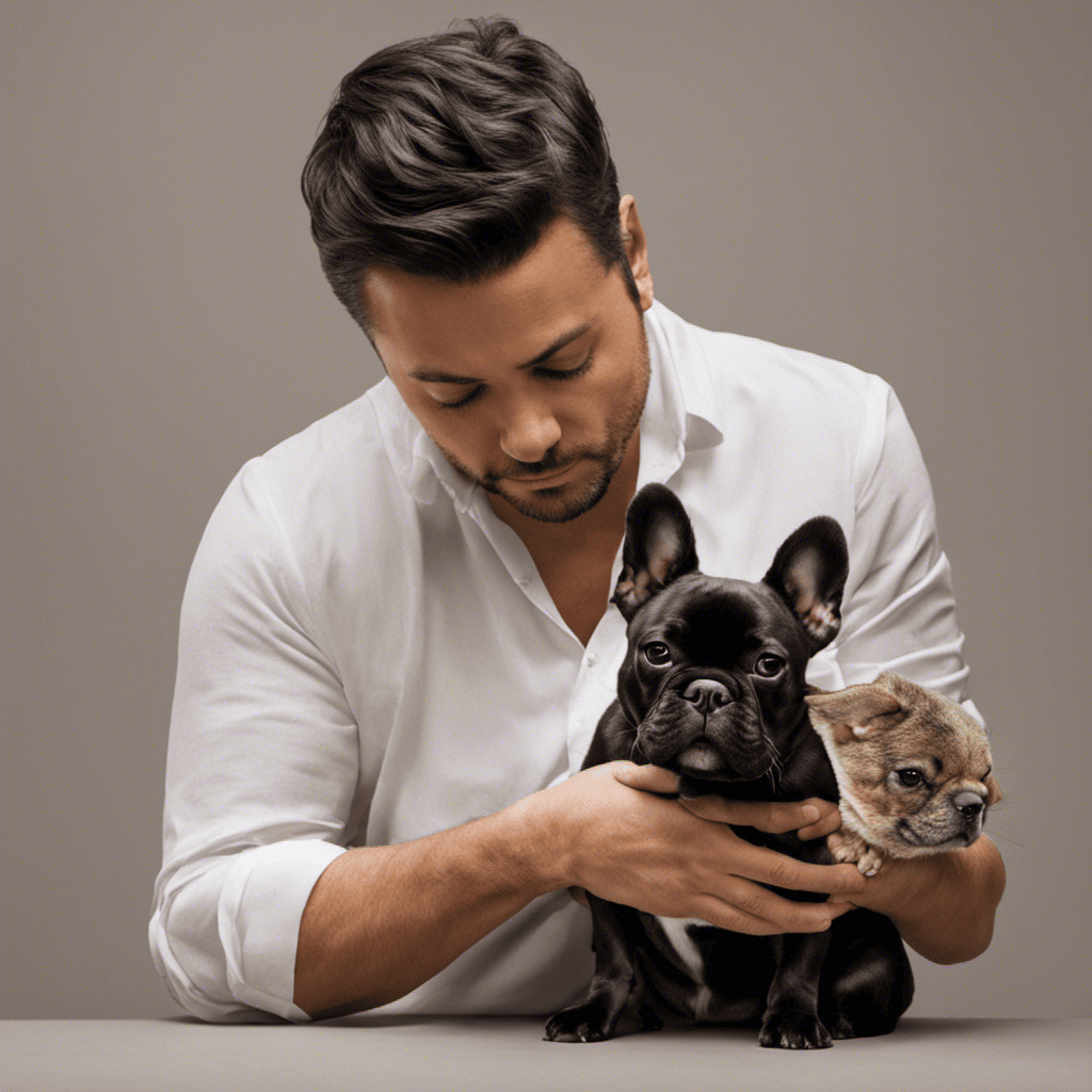 An image capturing a person gently cradling a content French Bulldog in their arms, their relaxed posture reflecting trust and comfort