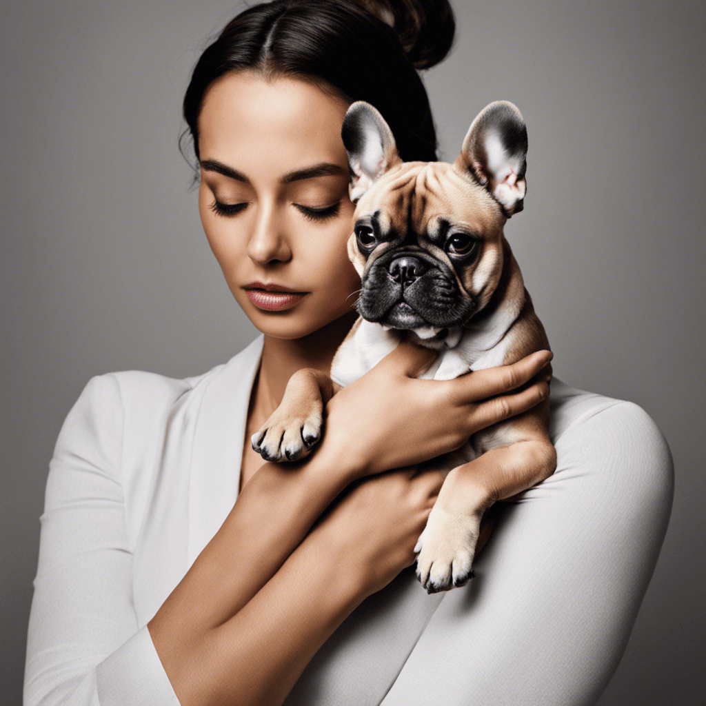 An image showcasing a person gently cradling a French Bulldog's head and neck with one hand while the other hand supports the body