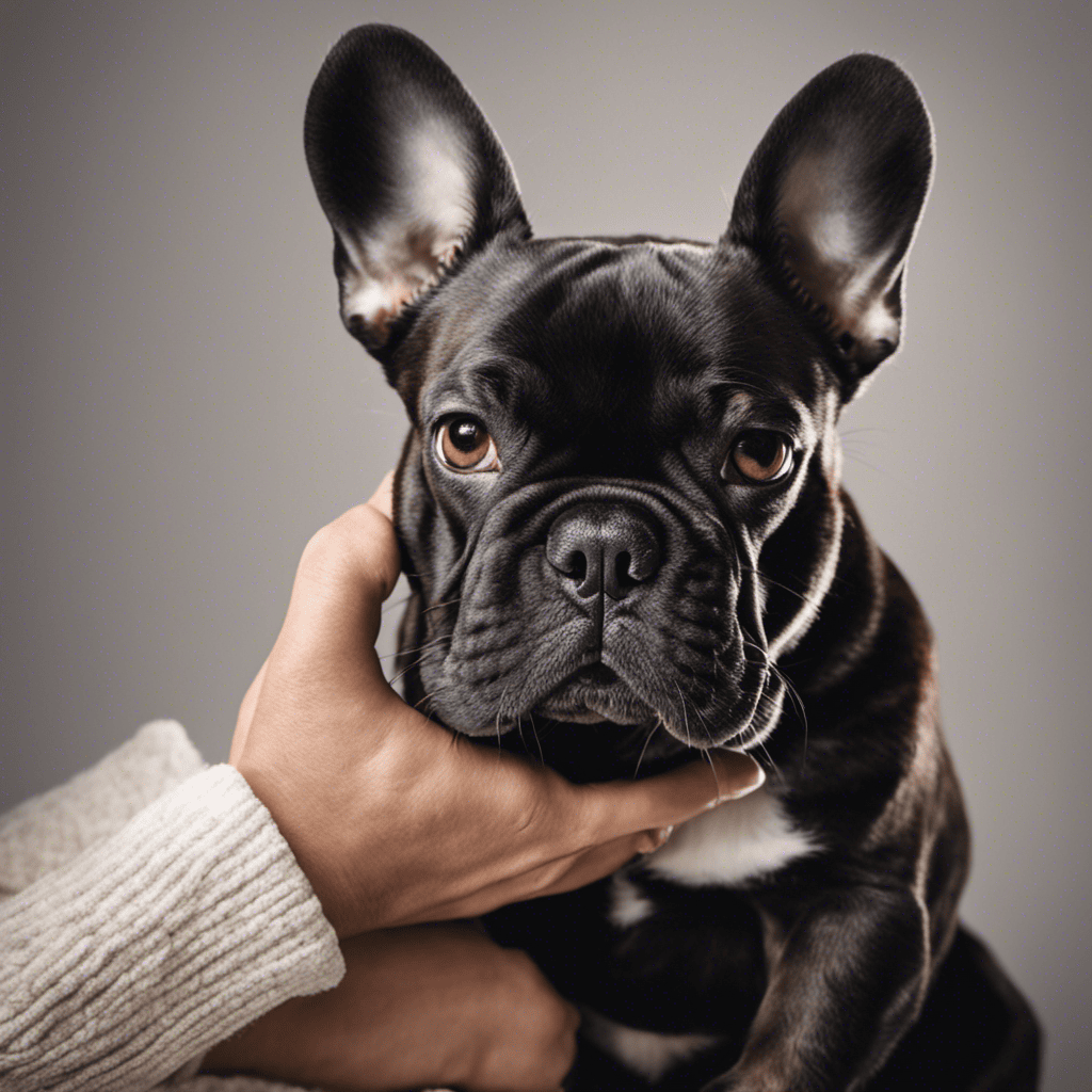 An image showcasing a person gently supporting a French Bulldog's front paws with one hand, while their other hand cradles the hind legs, emphasizing the importance of careful handling to keep the dog comfortable and safe