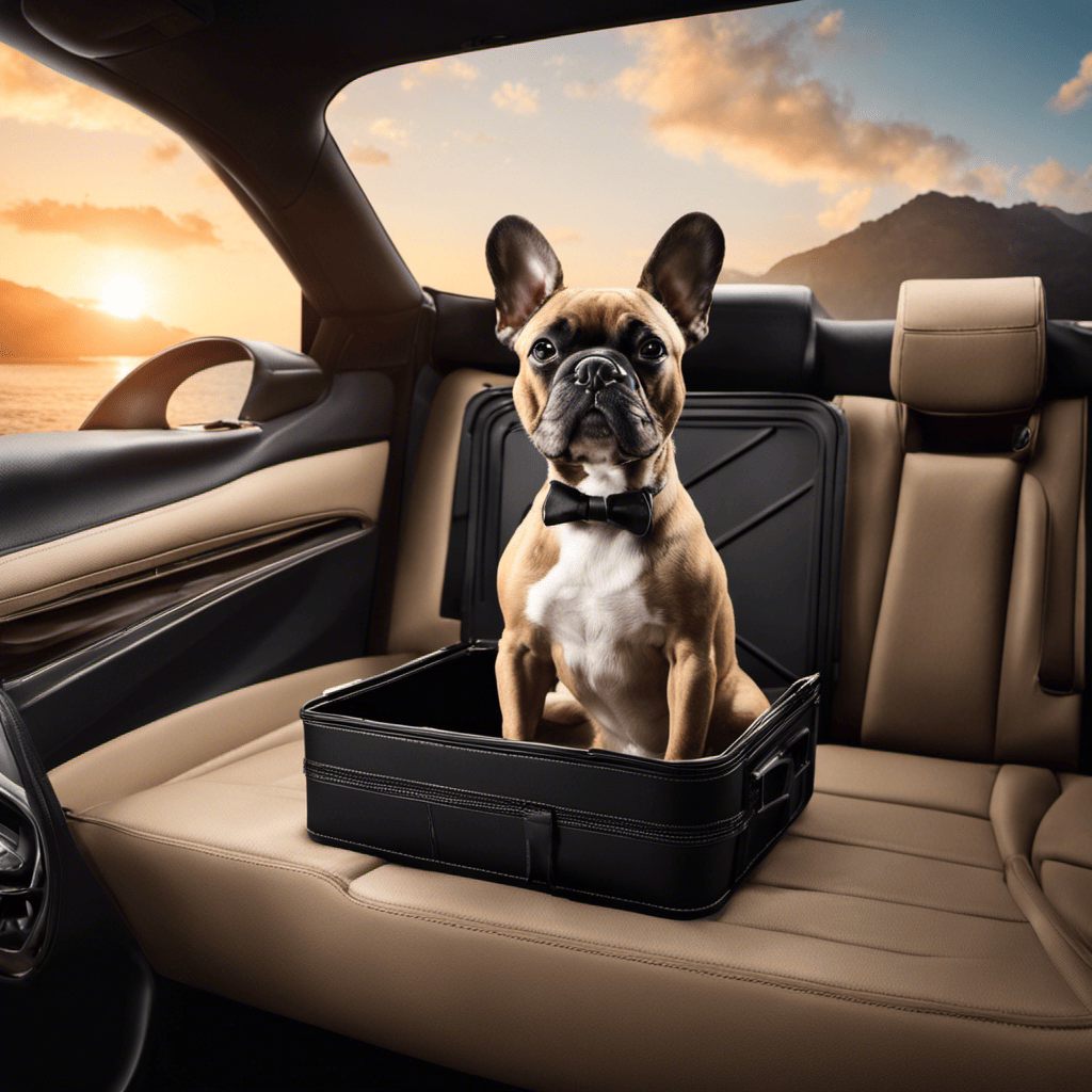 An image showcasing a French Bulldog in a travel crate with a built-in water dispenser, sitting comfortably in an air-conditioned car, while the surrounding landscape changes from a snowy mountain to a sunny beach