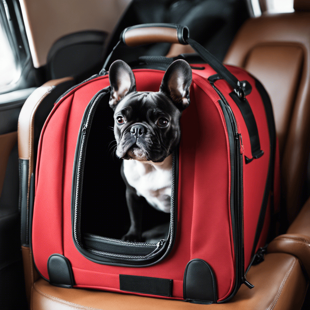 An image showcasing a well-ventilated and secure airline-approved pet carrier with a French Bulldog comfortably resting inside