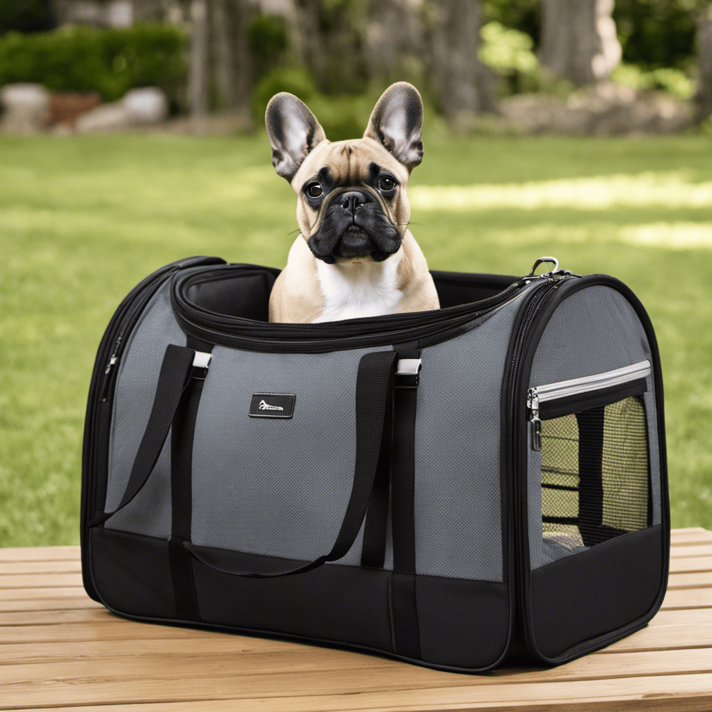 An image showcasing a well-ventilated, airline-approved travel carrier for French Bulldogs