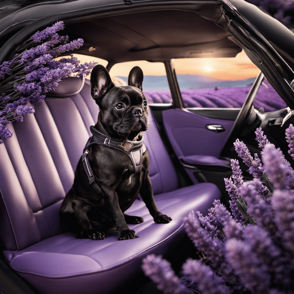 An image of a serene, well-ventilated car interior with a French Bulldog comfortably seated in a secure, padded dog harness, while listening to soothing classical music and surrounded by calming lavender-scented accessories