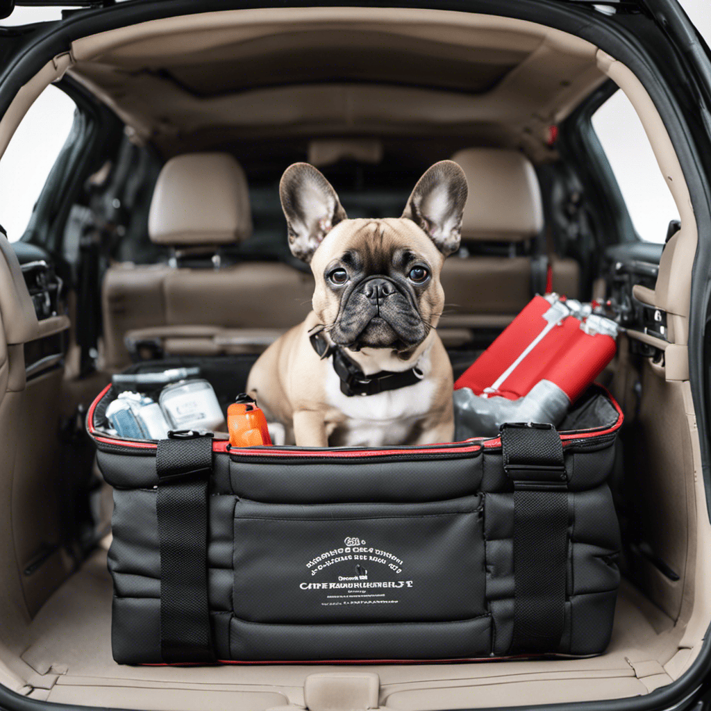 An image capturing a car interior with a secure, spacious crate for a French Bulldog, equipped with a seat belt attachment