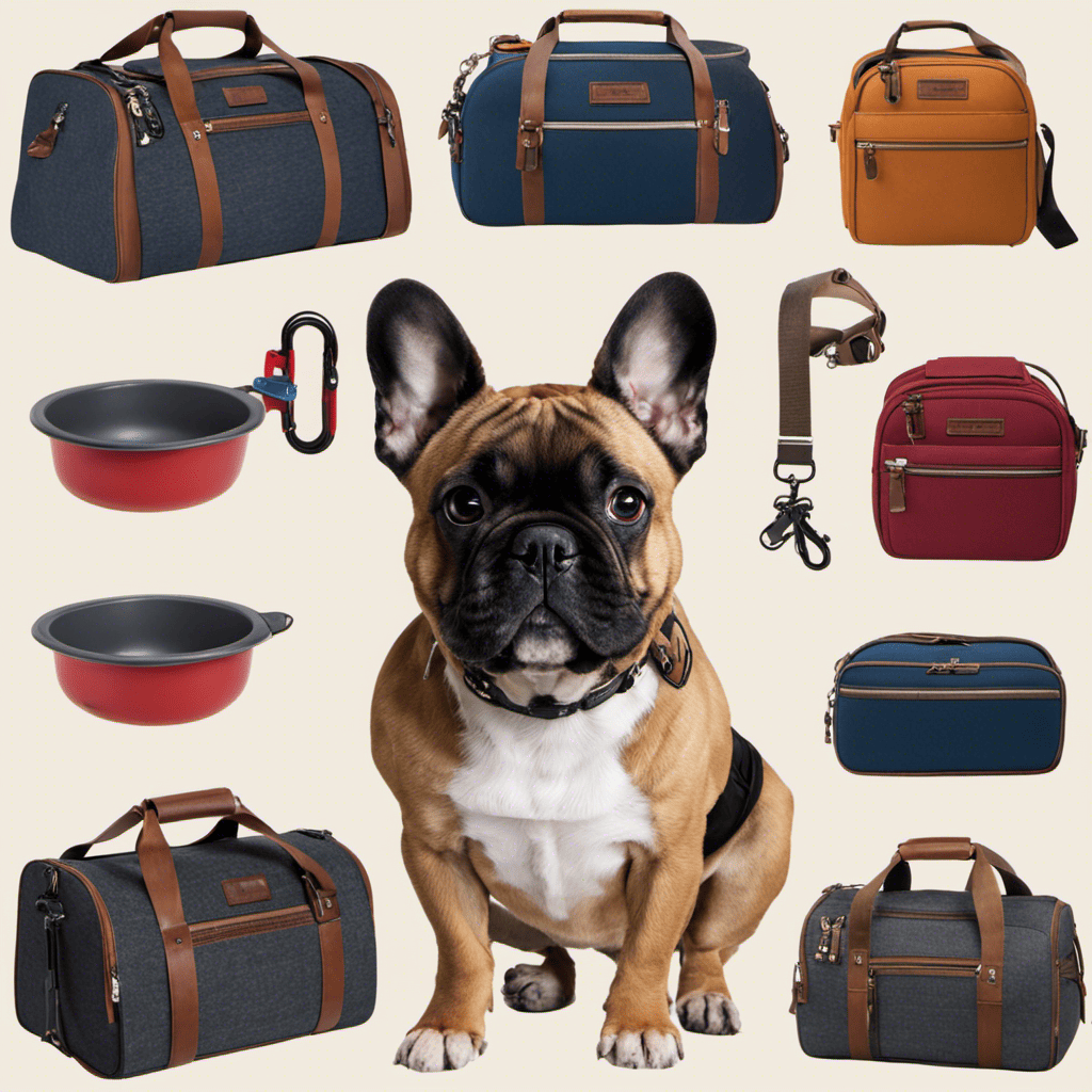 An image showcasing a well-organized travel bag for your French Bulldog, packed with essentials like a collapsible water bowl, leash, harness, vaccination records, and a comfortable travel bed, emphasizing the importance of preparation for safe travels