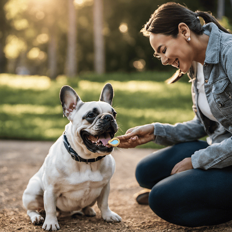 French bulldog receiving positive reinforcement training with treats.