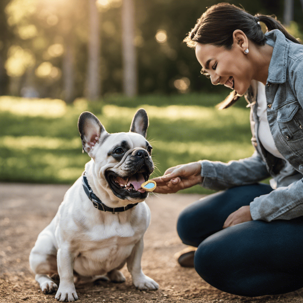 An image of a smiling French Bulldog sitting obediently next to its owner, both radiating happiness