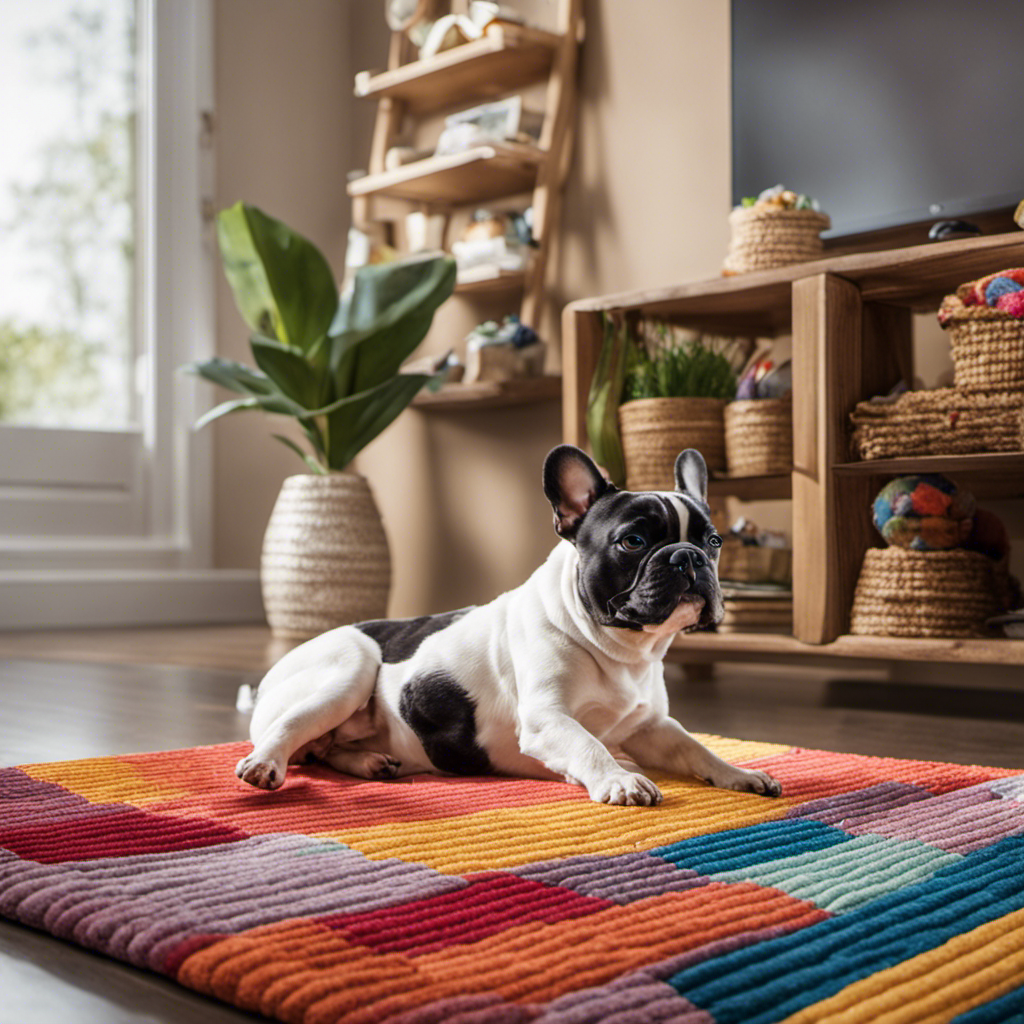 An image of a serene, well-lit room with a French Bulldog lying on a soft, colorful mat