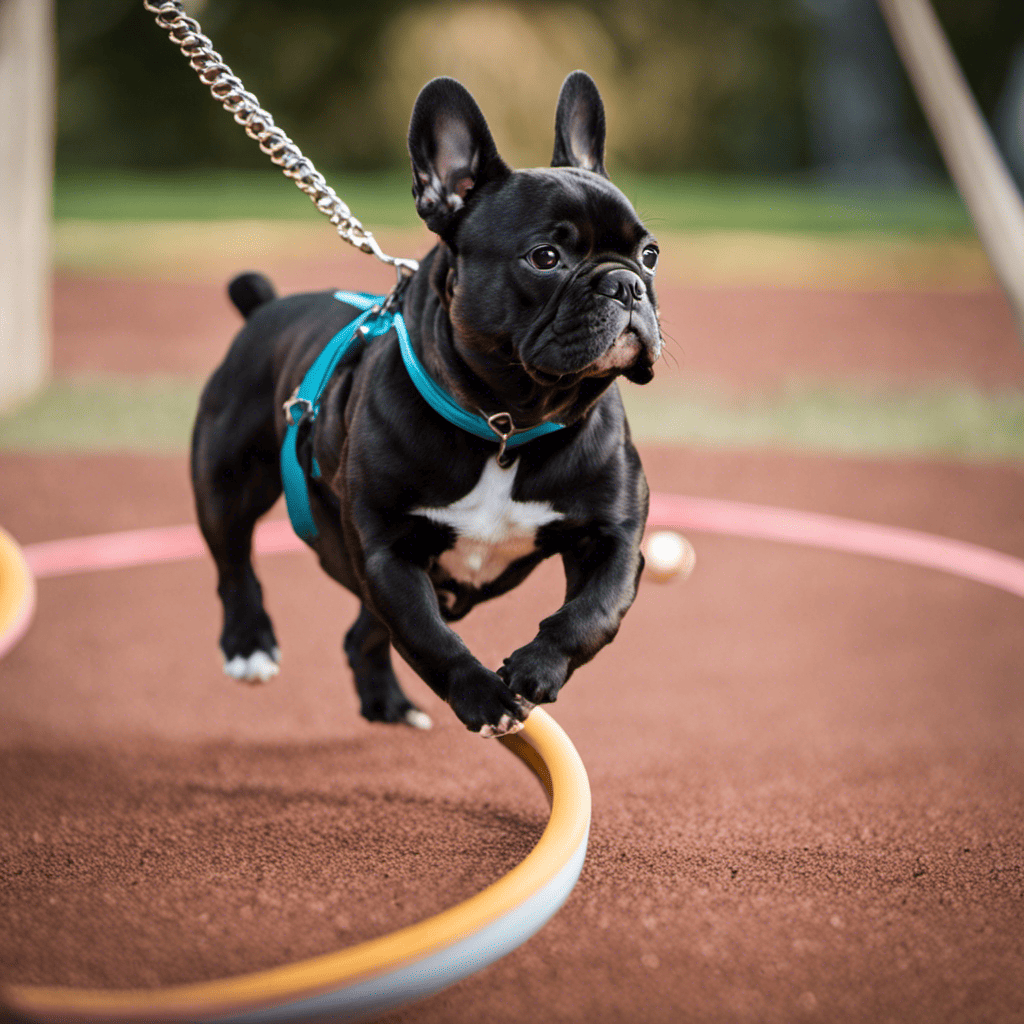 An image showcasing a French Bulldog engaged in advanced positive reinforcement training, with a trainer using clicker and hand signals to teach complex tricks like jumping through hoops or skateboarding