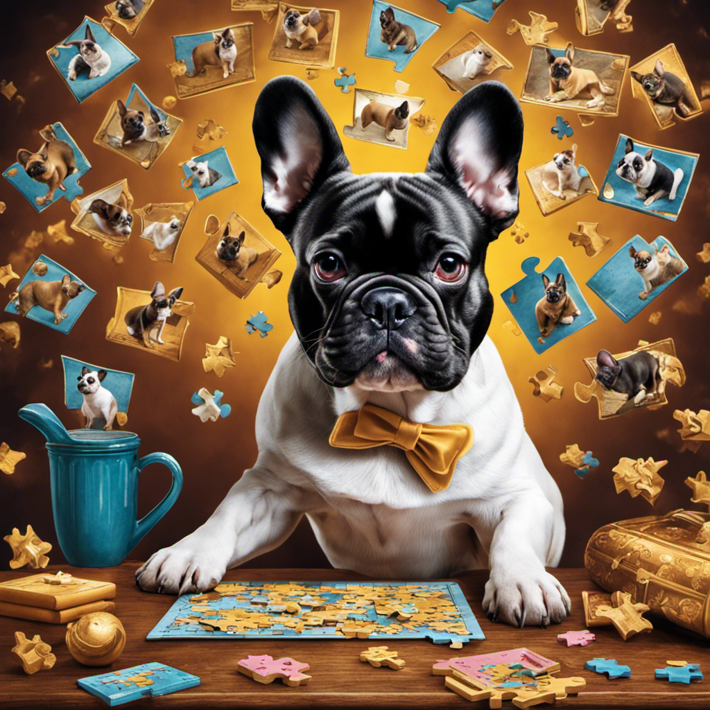 An image showcasing a French Bulldog confidently engaged in a puzzle-solving activity, receiving positive reinforcement from its owner