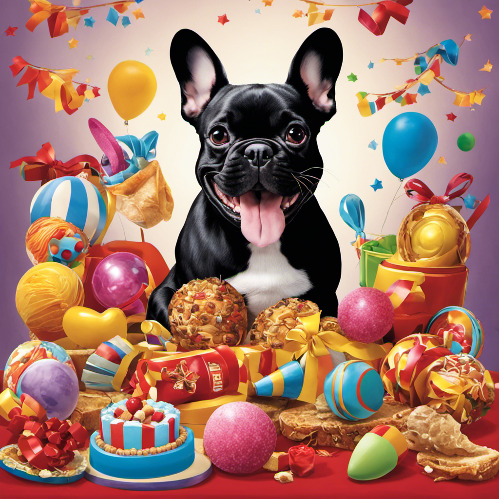 An image featuring a joyful French Bulldog being rewarded with a tasty treat, surrounded by a variety of enticing rewards like toys, praise, and affection, reflecting the importance of choosing the most effective rewards for successful positive reinforcement training