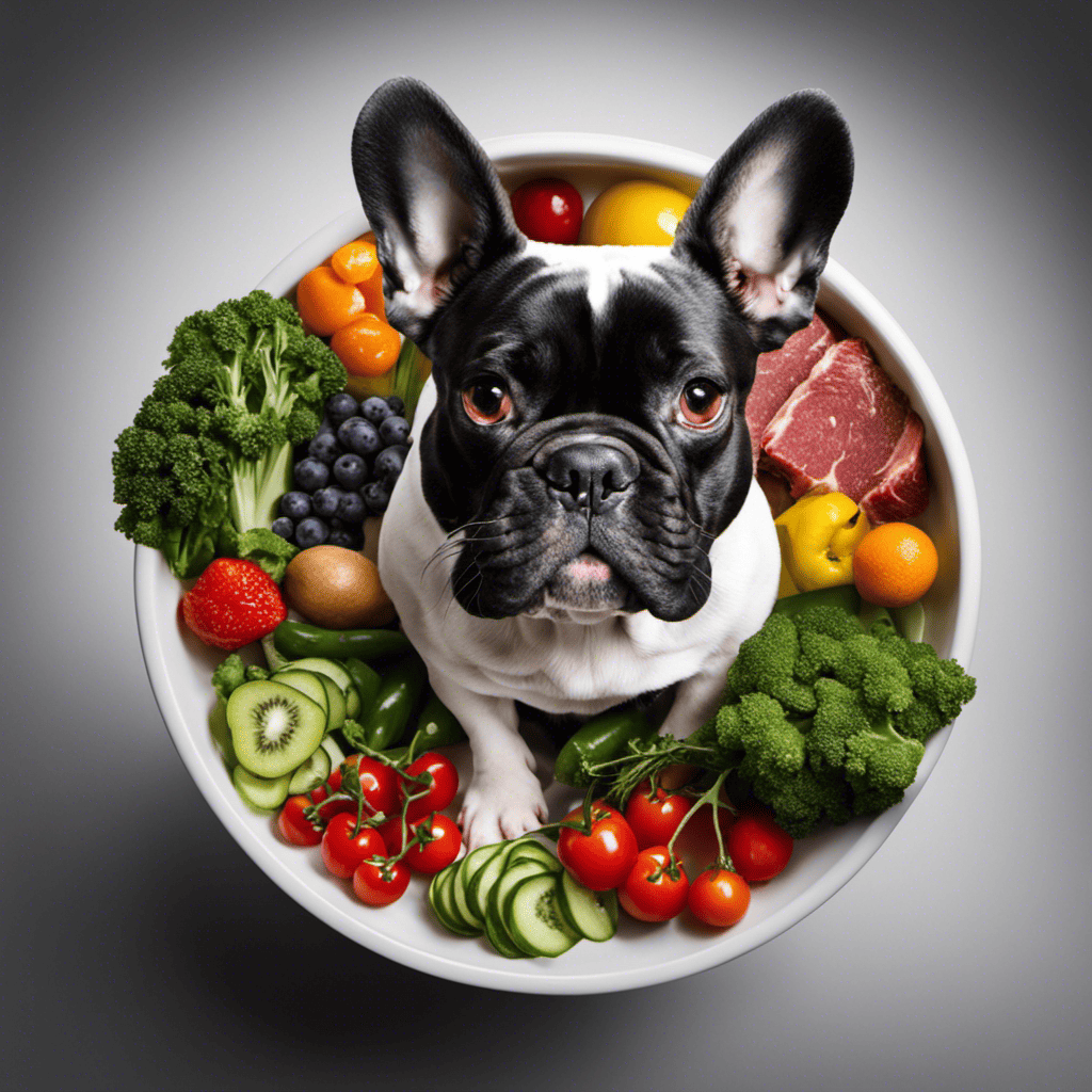 An image featuring a French bulldog eagerly sniffing a bowl filled with a variety of fresh, raw ingredients like lean meats, fruits, and vegetables