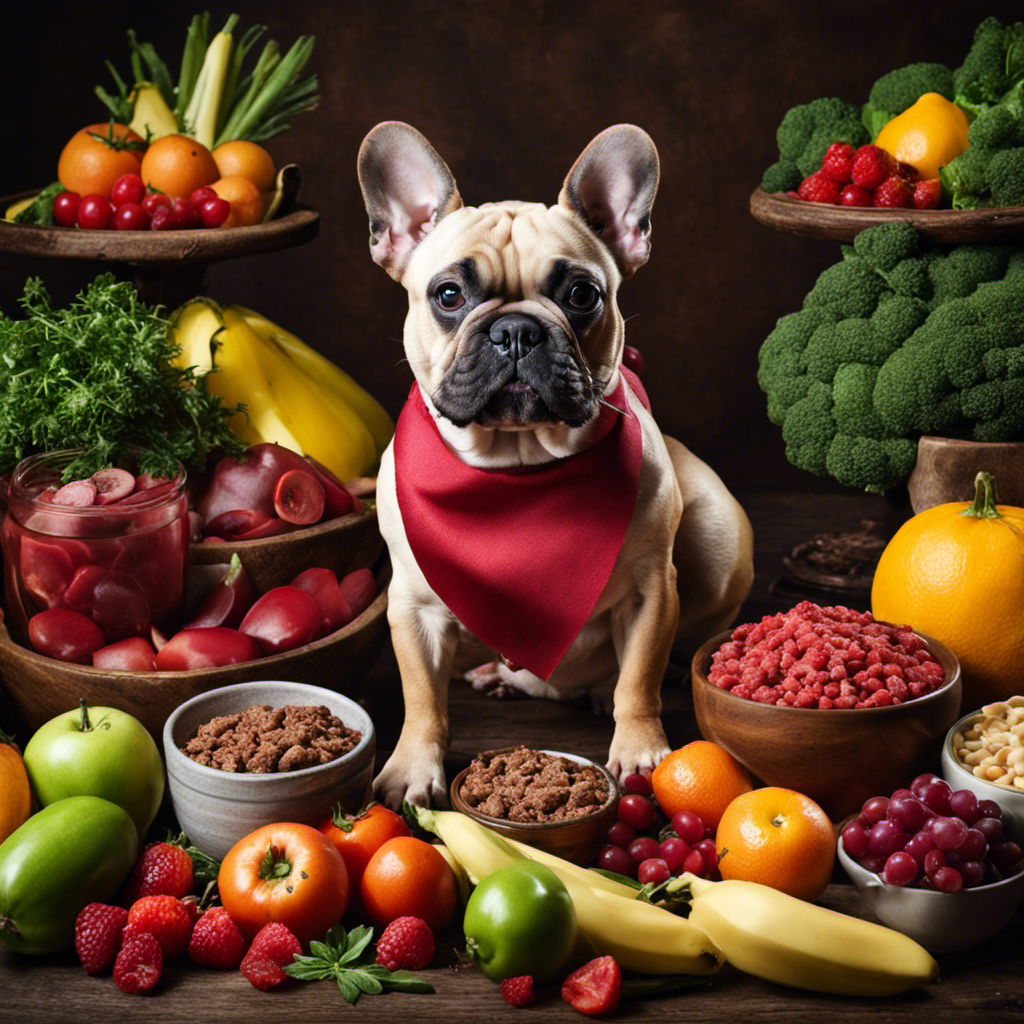 An image showcasing a vibrant, well-balanced meal of raw, fresh ingredients like lean meat, crunchy vegetables, and colorful fruits, specifically tailored for a French Bulldog's health, vitality, and digestion