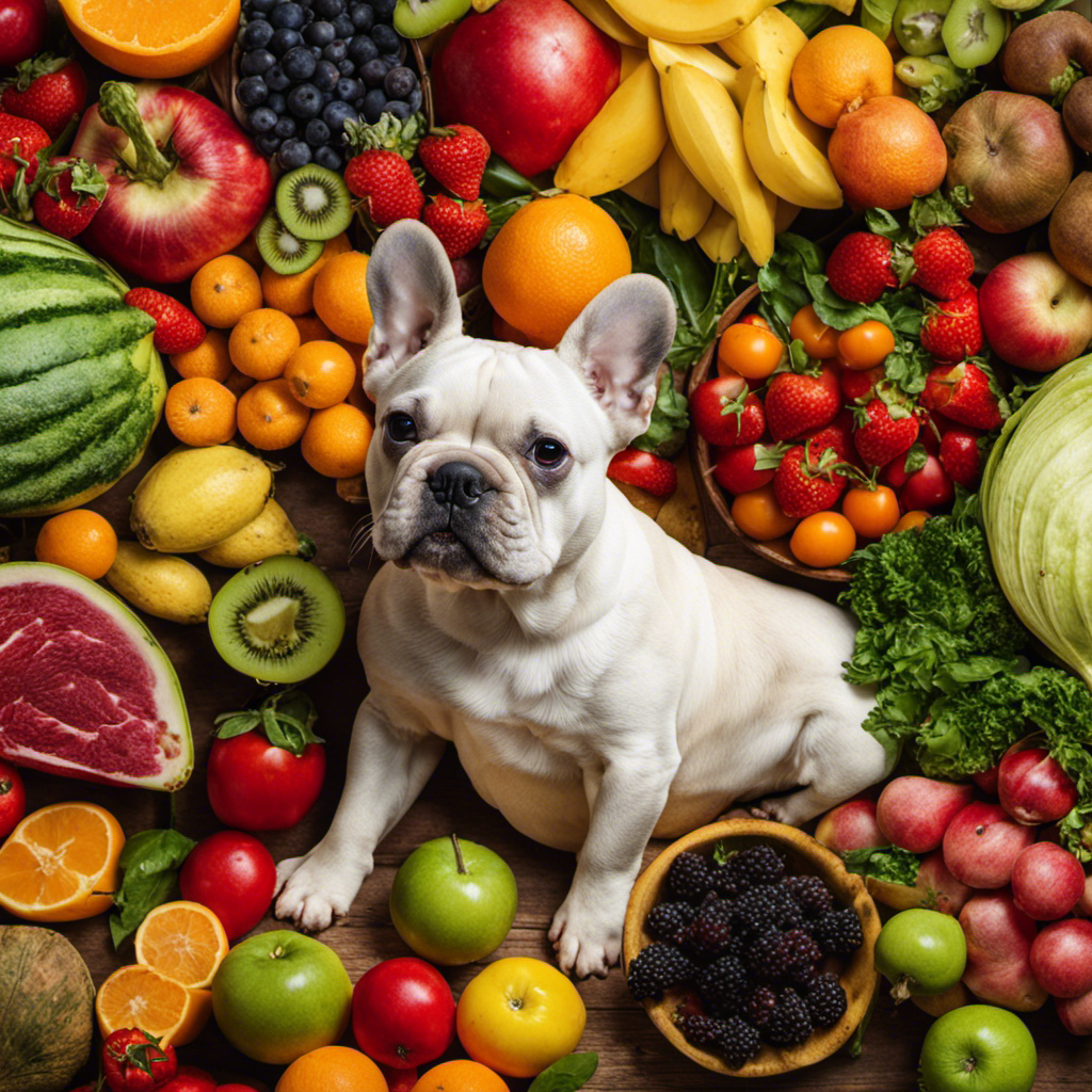 An image of a content French Bulldog surrounded by a vibrant array of fresh fruits, vegetables, and raw meat, illustrating the diverse and colorful options of a raw food diet