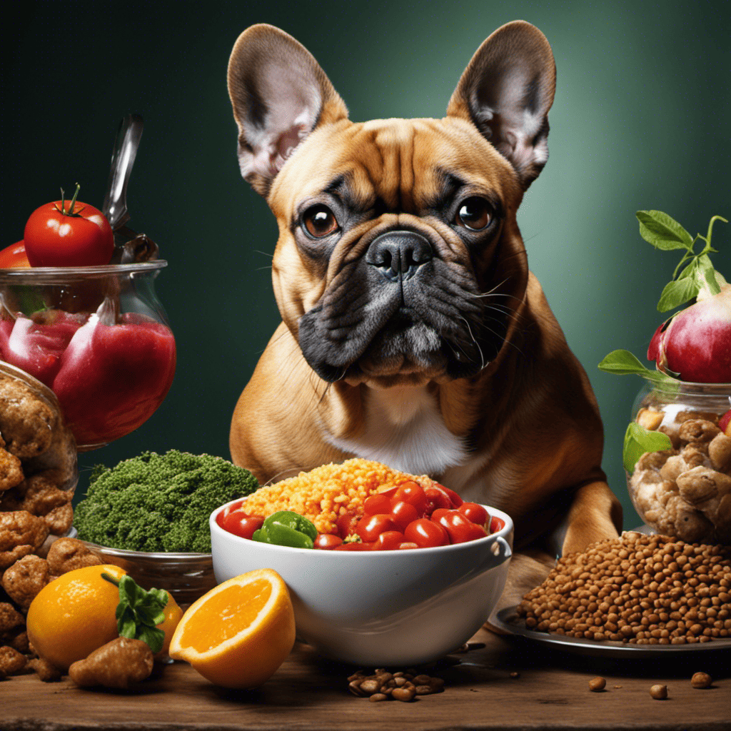  a vivid image of a French Bulldog eagerly devouring a bowl of raw, nutrient-rich food, while a group of renowned veterinarians and nutritionists observe attentively, engrossed in a discussion