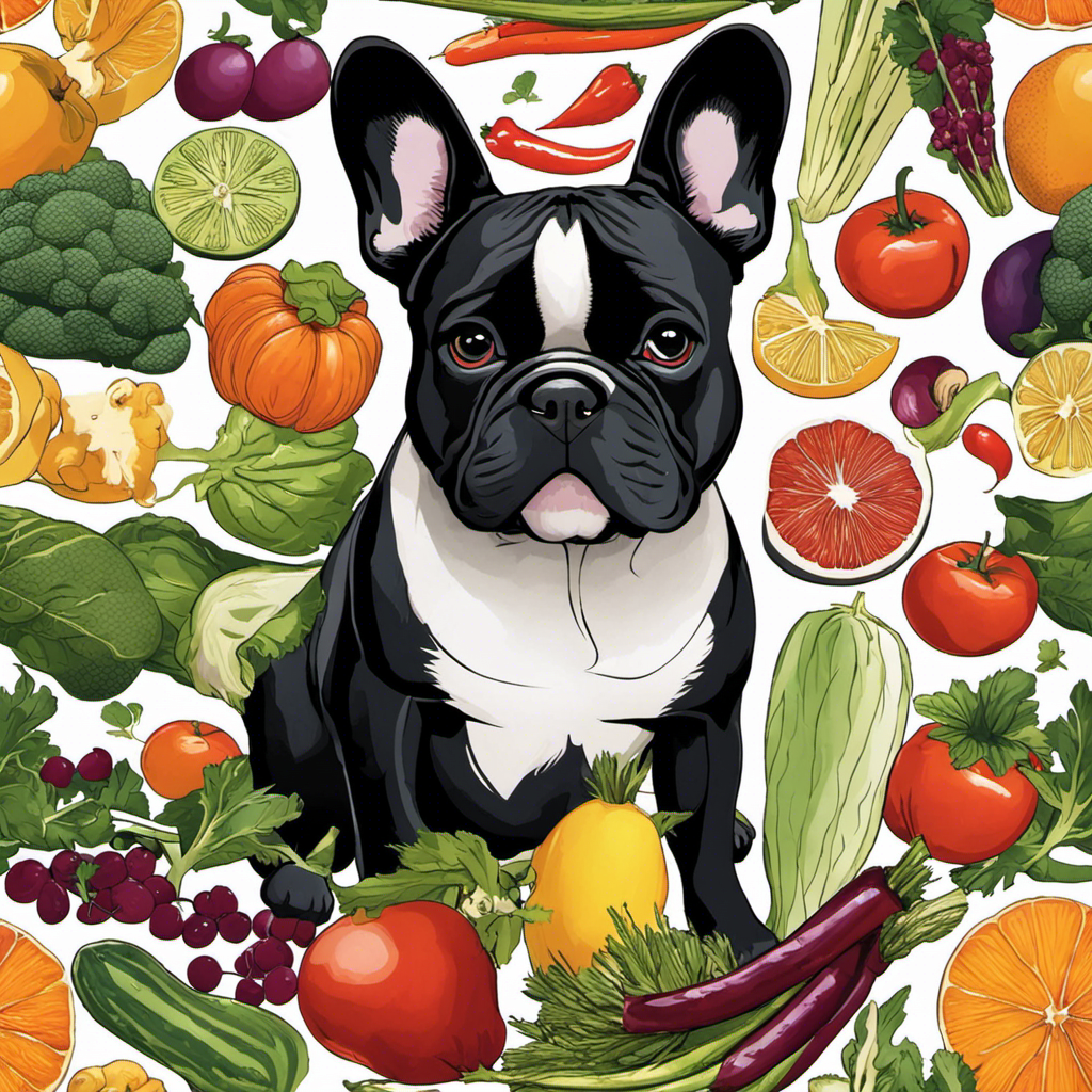 An image featuring a concerned French Bulldog surrounded by bones, fruits, and vegetables, highlighting the potential risks of raw food diets