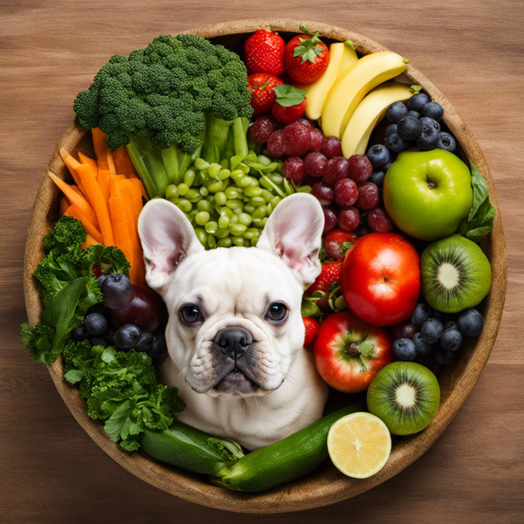 An image showcasing a French bulldog's bowl filled with a balanced raw food diet, rich in lean proteins, fruits, and vegetables